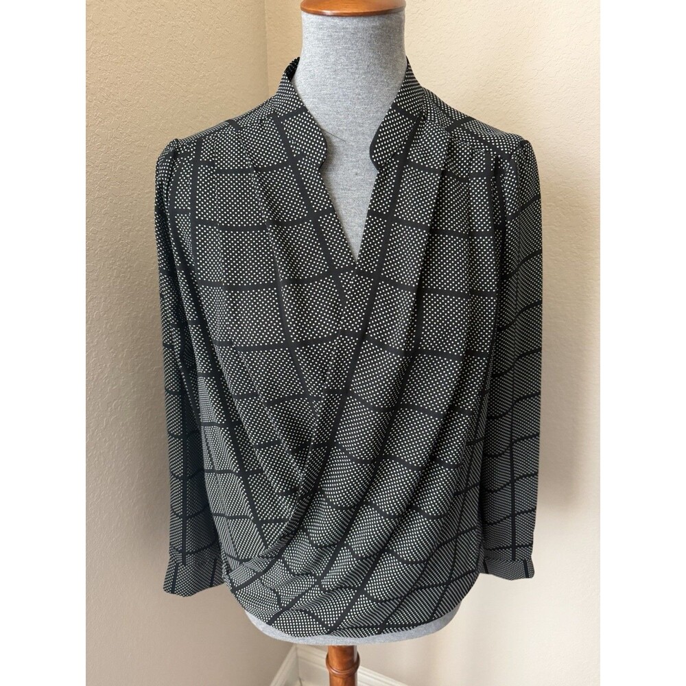 Ro & De Size XS Black Grid Polka Dot Print Long Sleeve Wrap Surplice Blouse